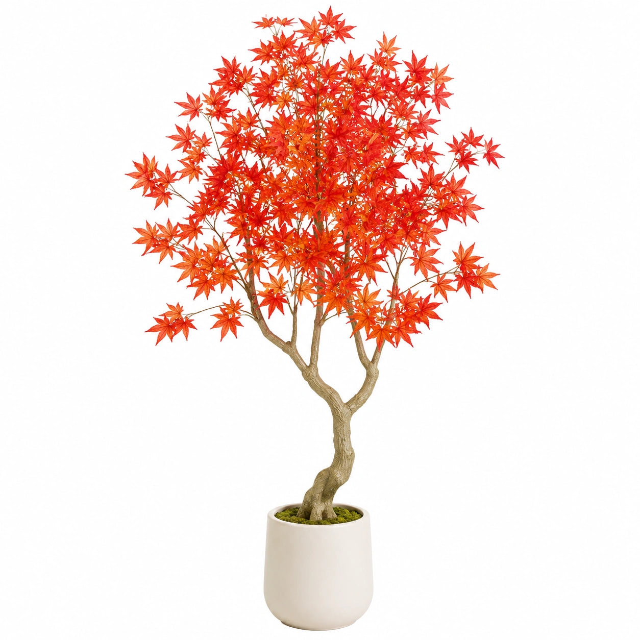 Albero artificiale di acero 180 cm in plastica rosso arancione con vaso bianco per interni