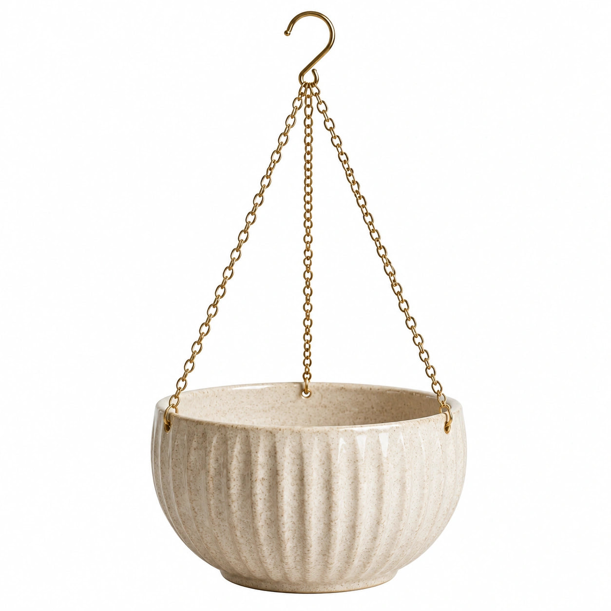 Vaso sospeso Ø 23 cm in ceramica beige con catene metalliche per piante