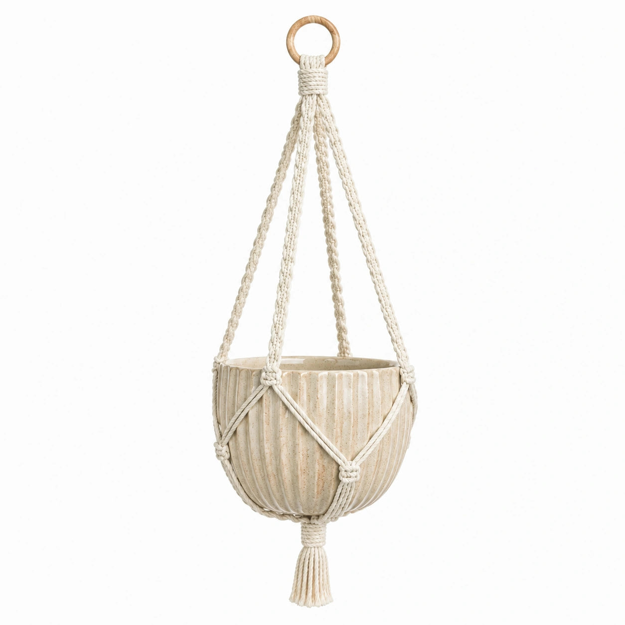 Vaso sospeso Ø 20 cm in ceramica beige con corda in cotone stile boho