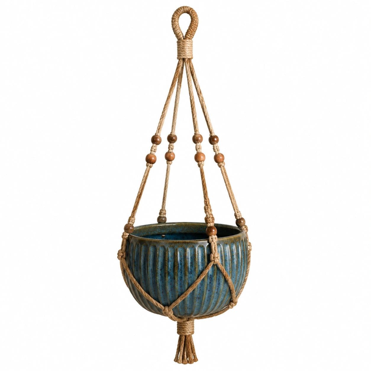 Vaso sospeso Ø 18 cm in ceramica blu con corda intrecciata stile boho
