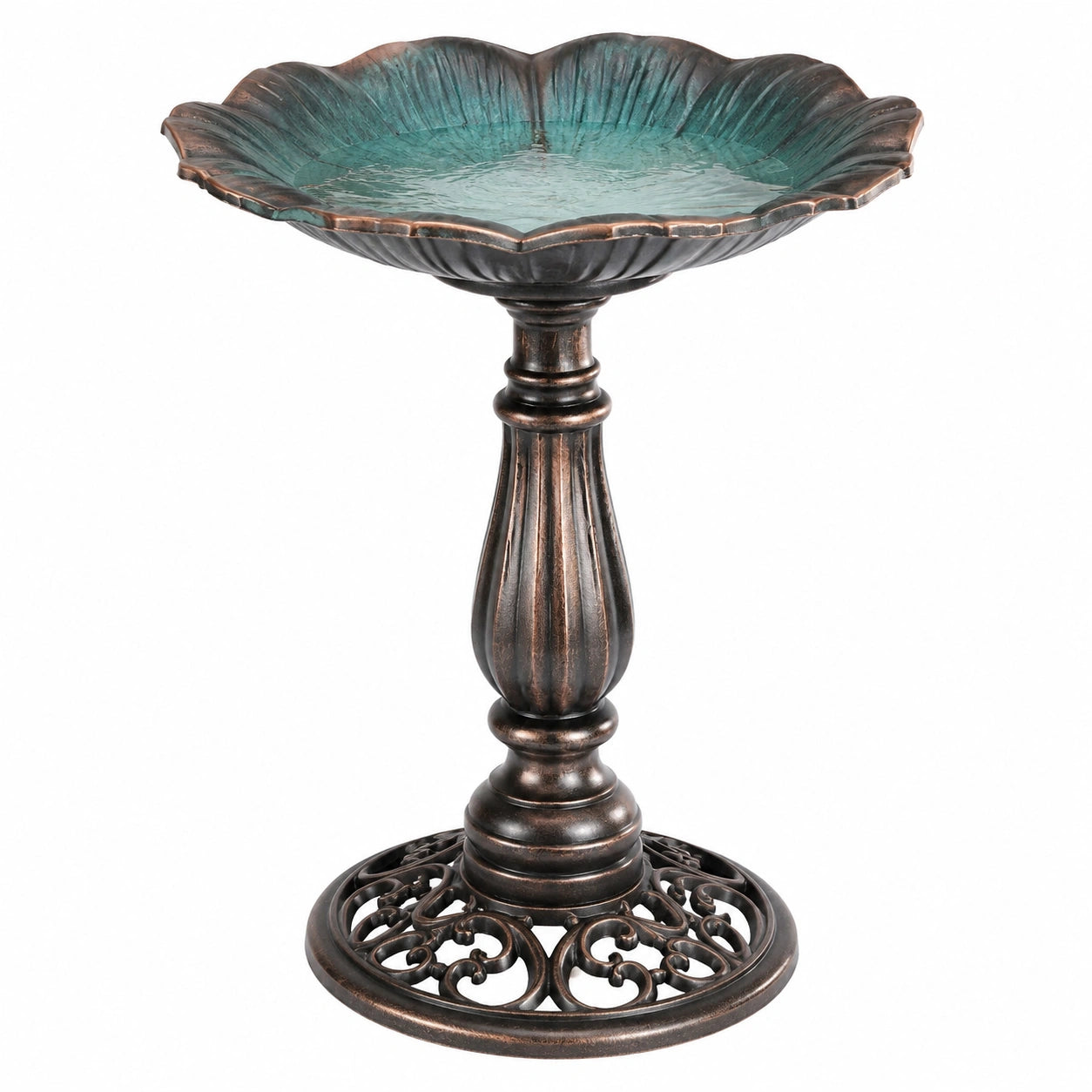 Bagnetto per uccelli da giardino Ø50 cm in metallo bronzo e verde con piedistallo decorativo