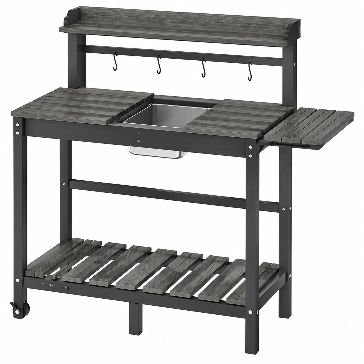 Banco da lavoro per giardinaggio 117 x 45 x 160 cm in metallo e legno grigio antracite con lavello e ripiano