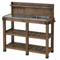 Tavolo da giardinaggio 117 x 55 x 140 cm in legno marrone con piano in acciaio inox e lavello