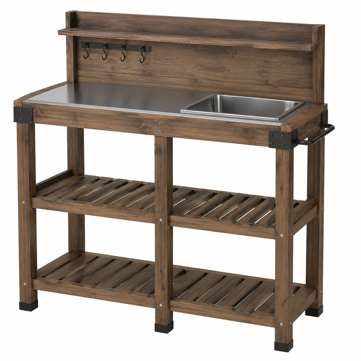 Tavolo da giardinaggio 117 x 55 x 140 cm in legno marrone con piano in acciaio inox e lavello
