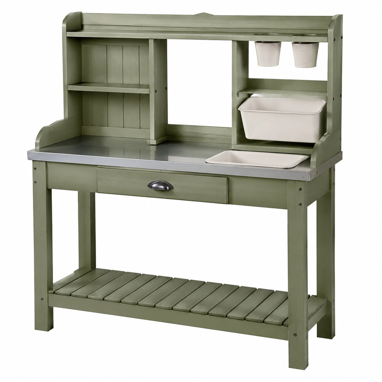Banco da giardinaggio 100 x 50 x 160 cm in legno verde con piano in metallo e lavello da rinvaso