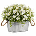 Pianta artificiale in vaso 45 x 25 x 35 cm - fiori bianchi e foglie verdi in metallo stile rustico