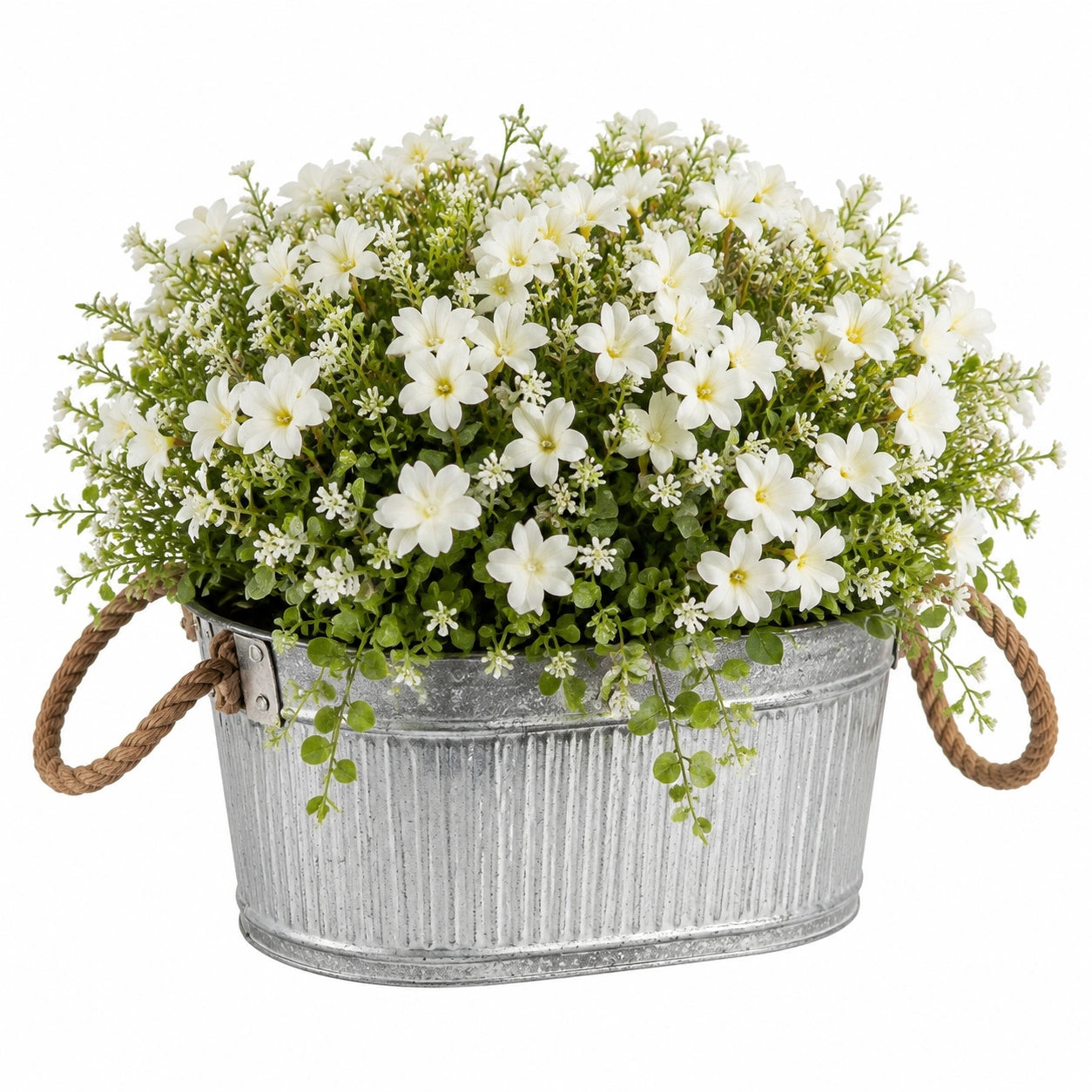 Pianta artificiale in vaso 45 x 25 x 35 cm - fiori bianchi e foglie verdi in metallo stile rustico