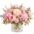 Composizione floreale artificiale in vaso 45 cm - tessuto rosa e vetro trasparente per interni