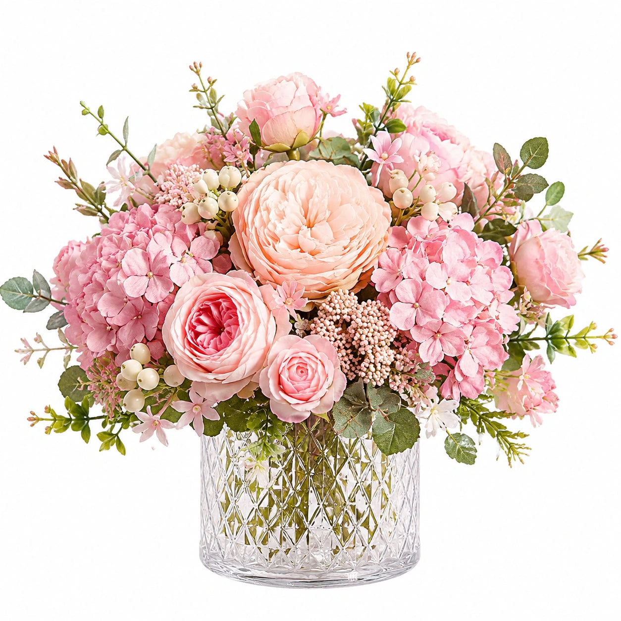 Composizione floreale artificiale in vaso 45 cm - tessuto rosa e vetro trasparente per interni