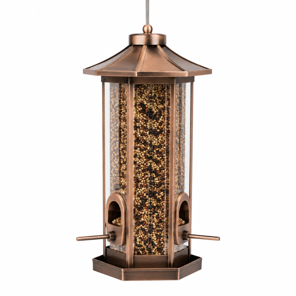 Mangiatoia per uccelli sospesa 20 x 38 cm in metallo bronzo con dispenser per semi