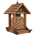 Mangiatoia per uccelli sospesa 30 x 24 x 38 cm in legno marrone con pannelli trasparenti e vassoio
