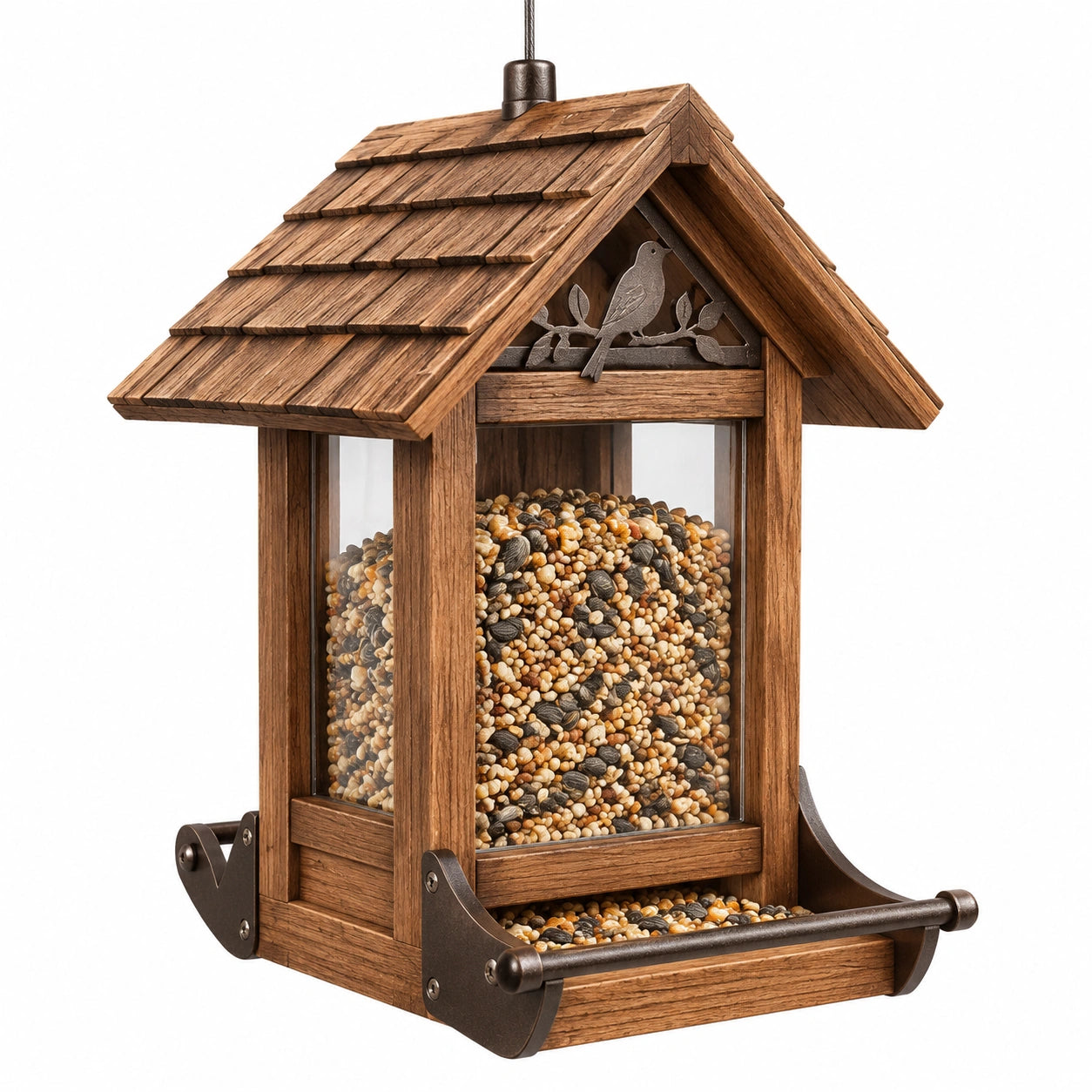 Mangiatoia per uccelli sospesa 30 x 24 x 38 cm in legno marrone con pannelli trasparenti e vassoio