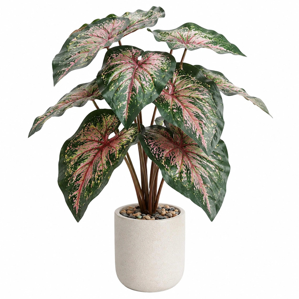 Pianta artificiale in vaso 85 cm foglie verdi e rosa in tessuto per interni