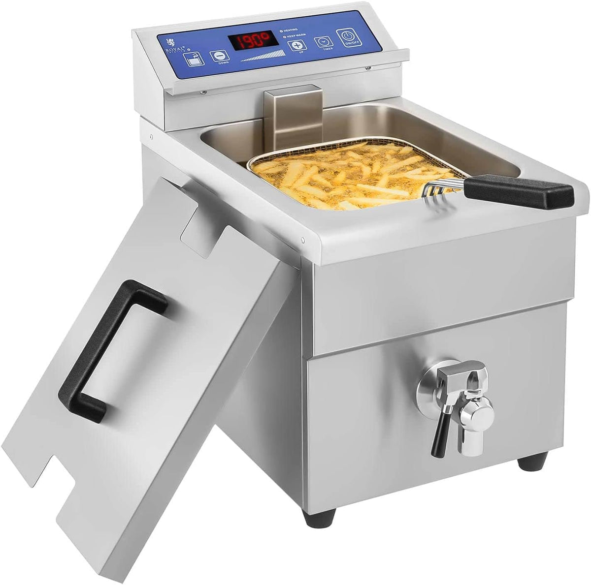 Royal Catering, Frytkownica beztłuszczowa, RCIF-10EB, 10 l, 3500 W, 230 V, Srebrny/Czarny, oświetlenie LED, timer, funkcja grilla