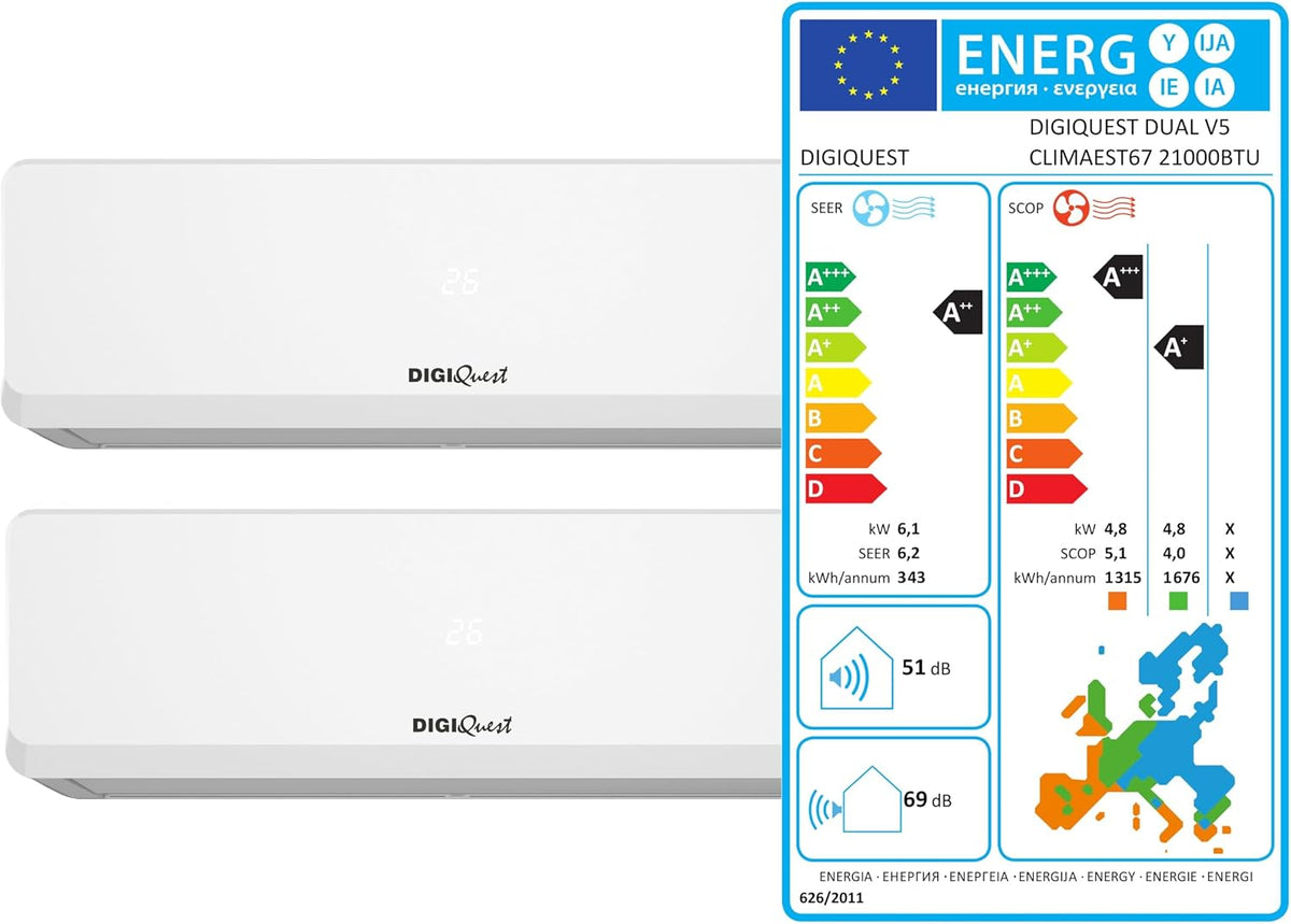 Klimatyzator, R32, DIGIQUEST, 270 x 805 x 197 mm, 12000 BTU, 240 V, Biały, Wi-Fi, pilot zdalnego sterowania, timer, automatyczne wyłączanie