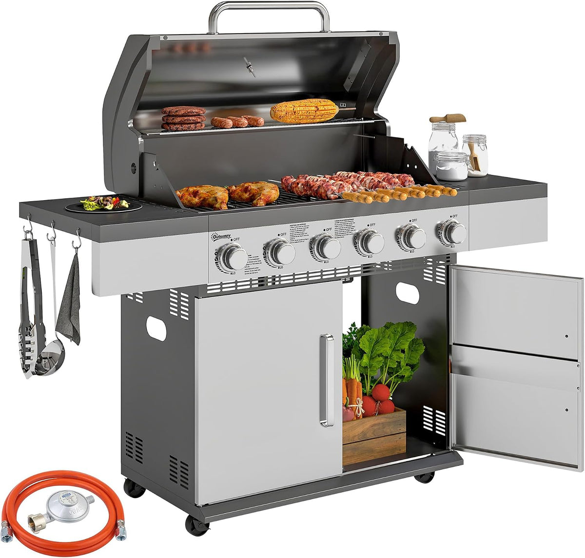 Outsunny, Grille na gaz ziemny, 8500BTU, 8500 BTU, 143 x 55 x 110 cm, 10 kg, Srebrny/Czarny, składana konstrukcja, funkcja grilla