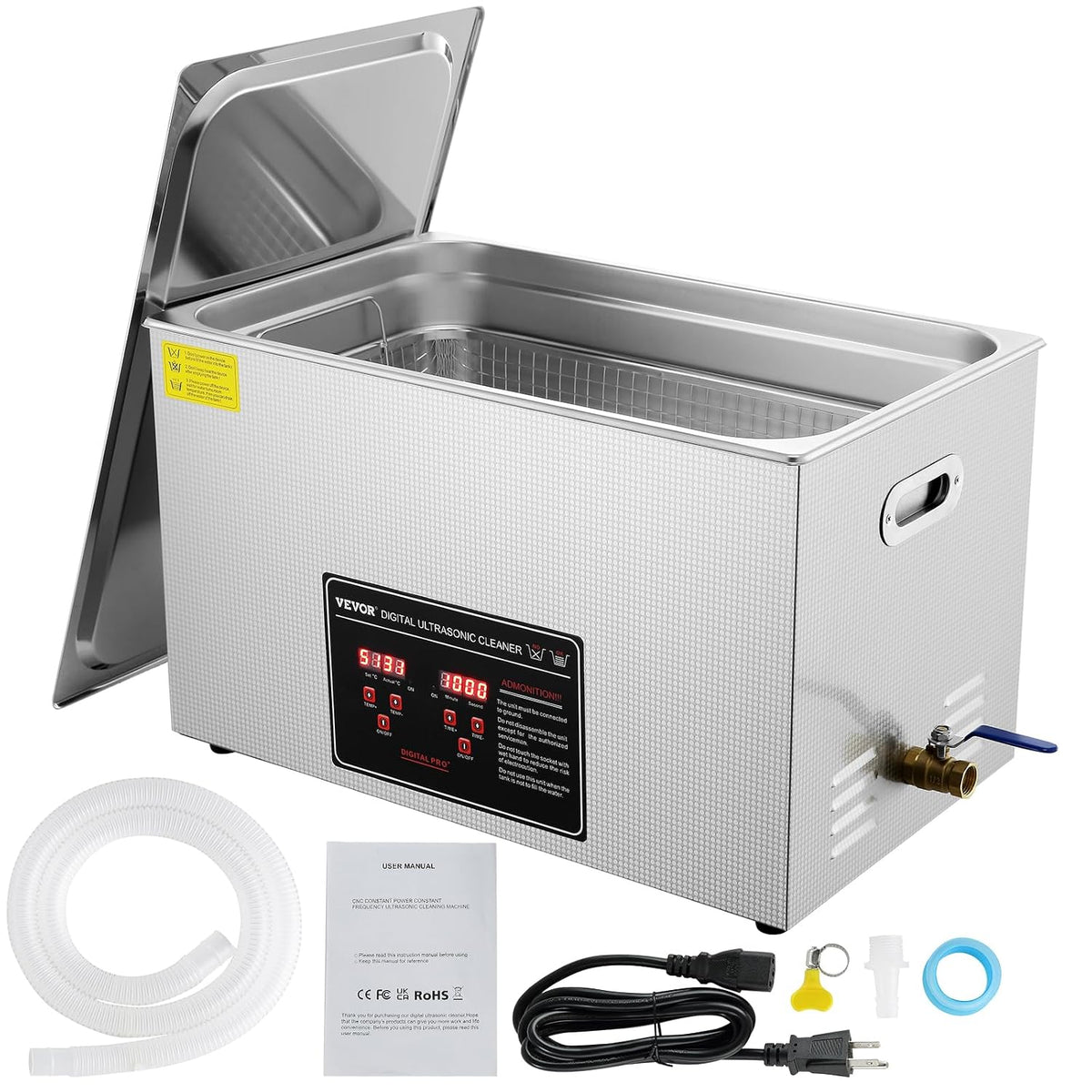 VEVOR, Środki czyszczące laboratoryjne, 30 l, 500 x 300 x 200 mm, 7.9 W, Srebrny, stal nierdzewna, oświetlenie LED