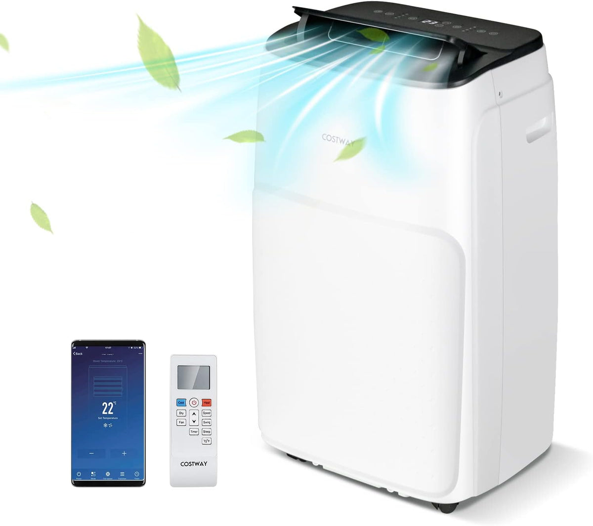 COSTWAY, Klimatyzator, 12000 BTU, 120 m, 5 W, Biały, oświetlenie LED, Wi-Fi, pilot zdalnego sterowania, timer, 5 w 1