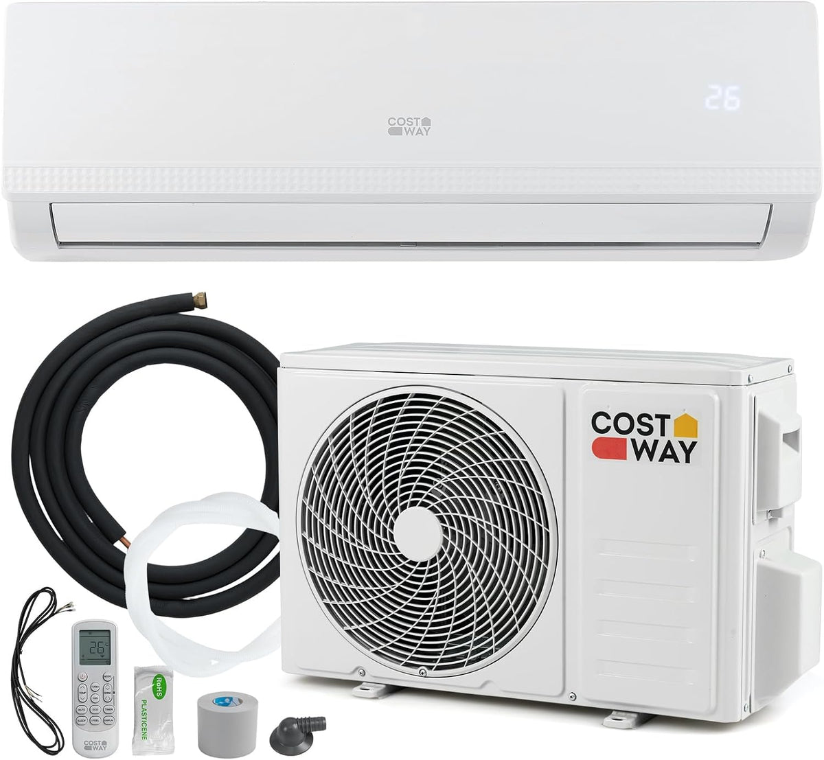 COSTWAY, Klimatyzator, 9000BTU, 9000 BTU, 2,6 kW, 1 x 4 m, Biały, aluminium, pilot zdalnego sterowania, timer, samoczyszczenie