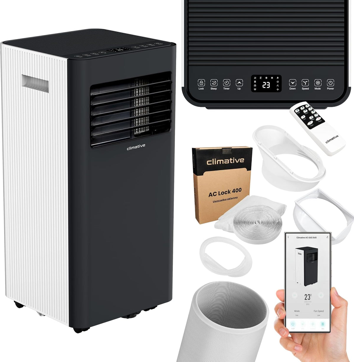 Climative, Klimatyzator przenośny, AC29-S, 2,9 kW, 29 m, 10000 BTU, Czarno-Biały, modułowa konstrukcja, Wi-Fi, pilot zdalnego sterowania, 3 w 1
