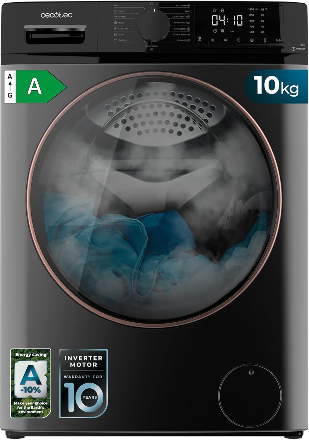 Cecotec, Pralka, 10 kg, 1400 obr./min, Czarny