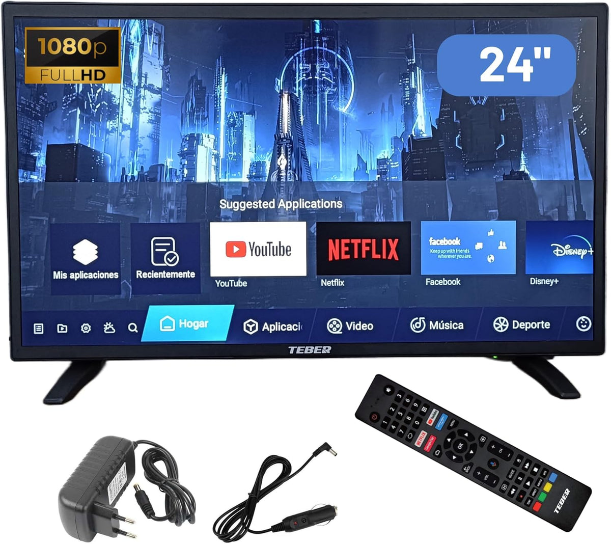 Telewizor Smart TV, V/24, TEBER, 24 V, 24 cali, 5 W, Czarny, Bluetooth, pilot zdalnego sterowania
