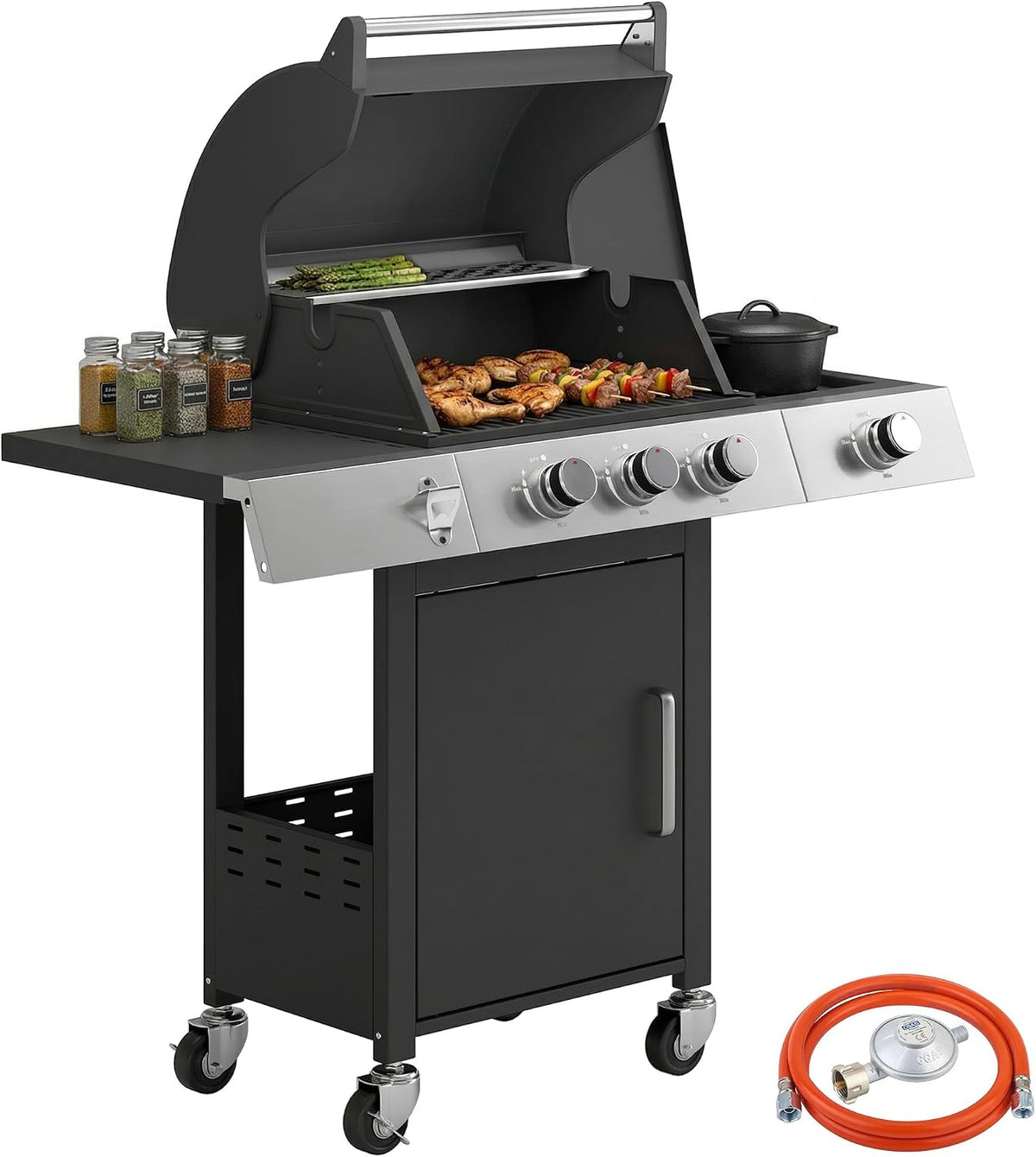Grille na propan, Outsunny, 10,5 kW, 1800 cm, Czarny/Srebrny, stal nierdzewna, funkcja grilla