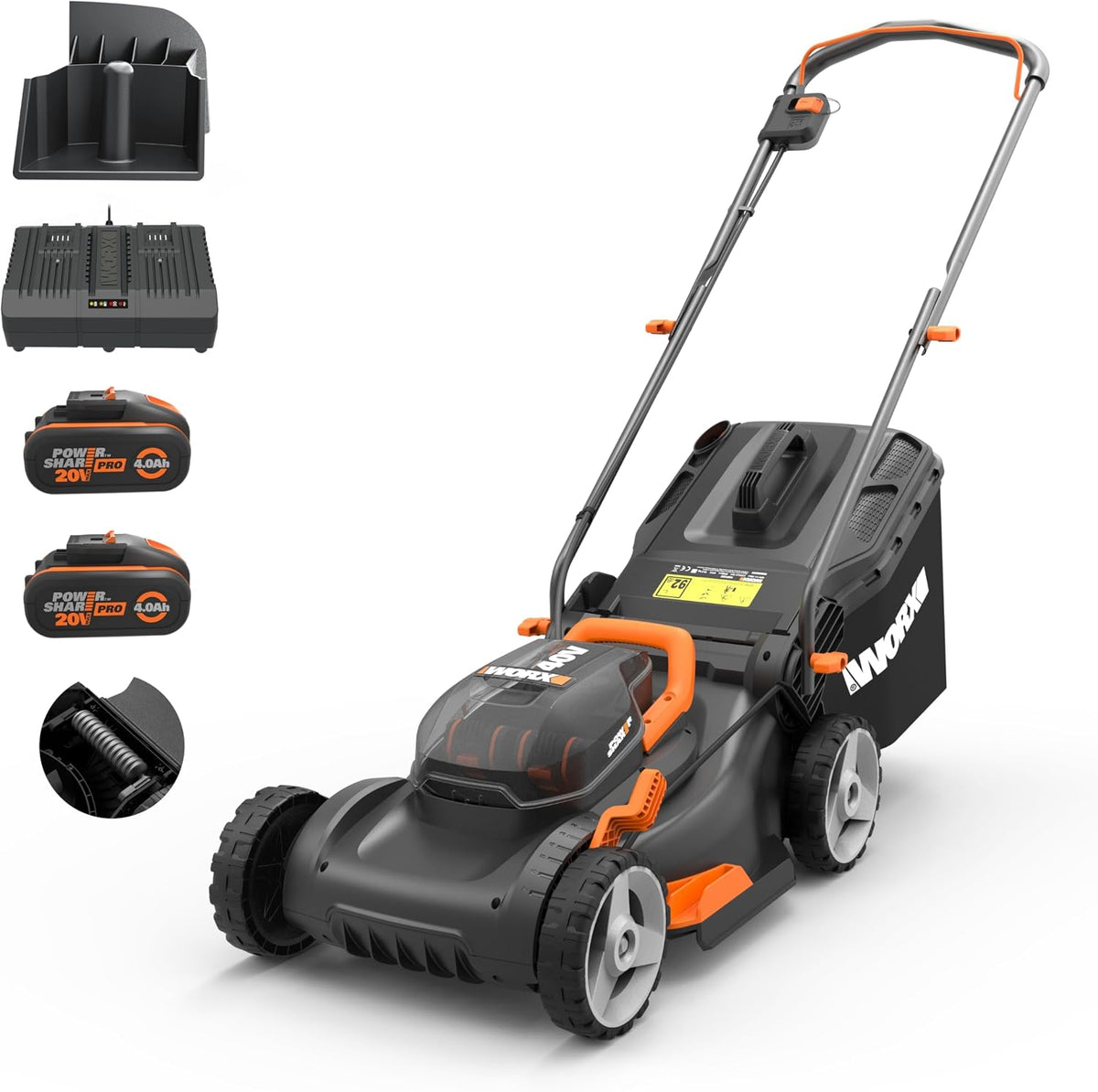 WORX, Kosiarki rotacyjne, WG734E, 40 cm, 40 V, 15,2 kg, Czarny, składana konstrukcja, praca bezprzewodowa
