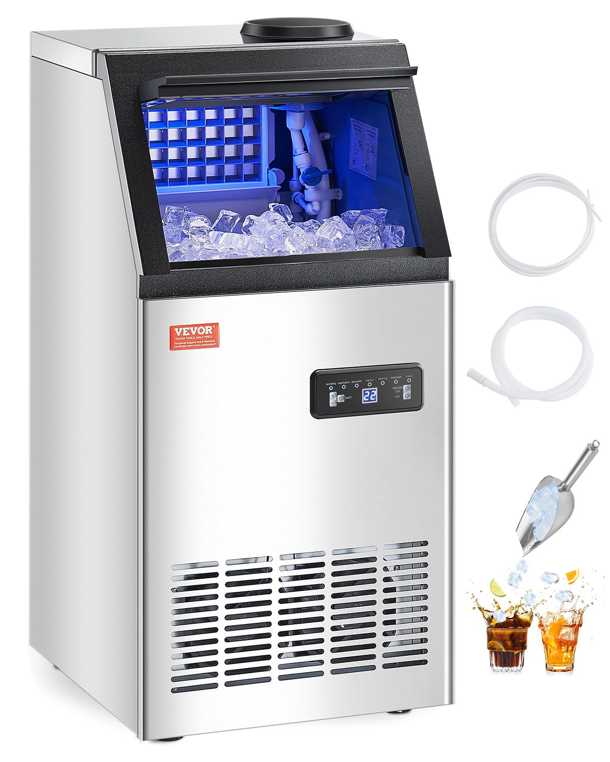 Maszynka do lodów, VEVOR, 49,9 kg, 20 mm, Srebrny/Czarny, oświetlenie LED, kompresor