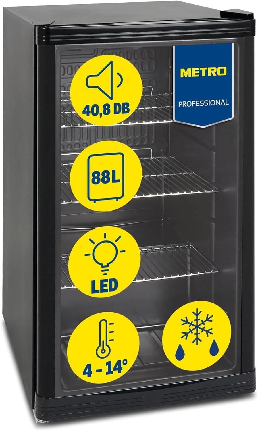 METRO Professional, Minilodówka, GPC1088, 43 x 49 x 83 cm, 88 l, 39 dB, Czarny, metal, oświetlenie LED