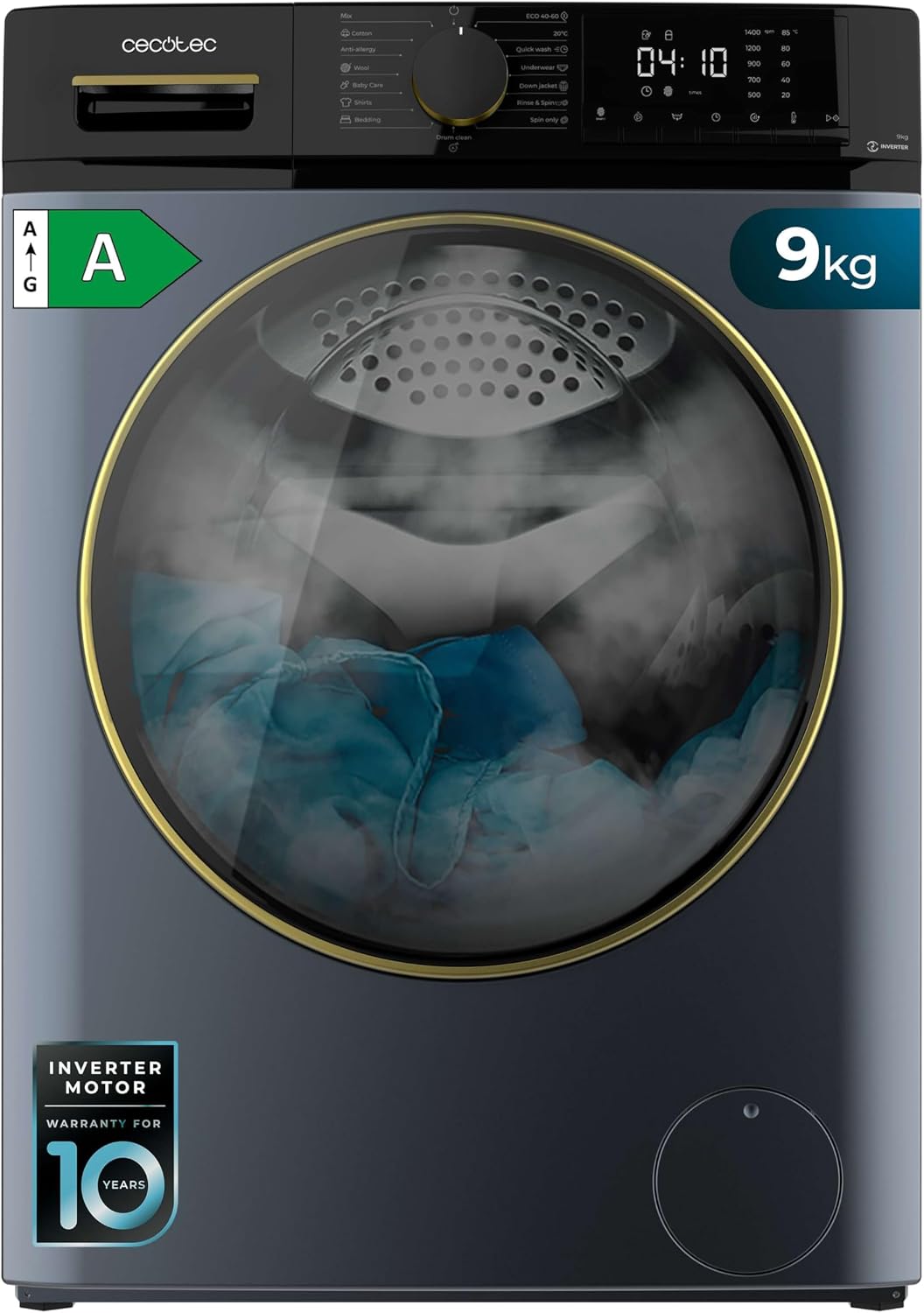Cecotec, Pralka, 9 Kg, 2000 W, 1400 obr./min, Czarny/Szary
